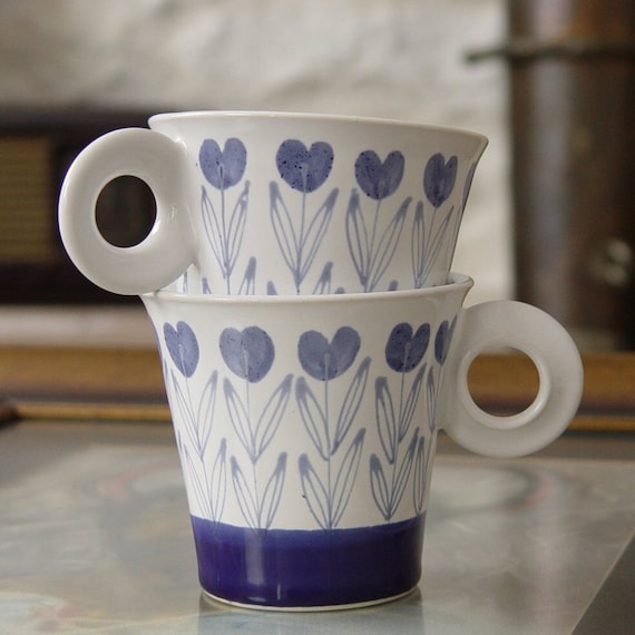 Mother's Day Mug - Wheel Thrown Stoneware with Blue Heart Flowers - Danko Pottery