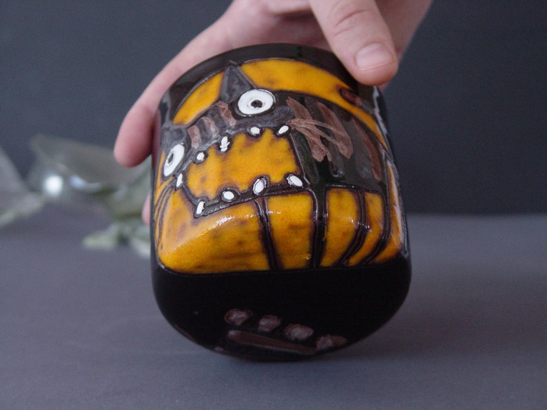 Funny Cat Tumbler Orange and Black Handmade Ceramic Goblet Spooky 12 oz Mug Cold Drinks Mug image 8