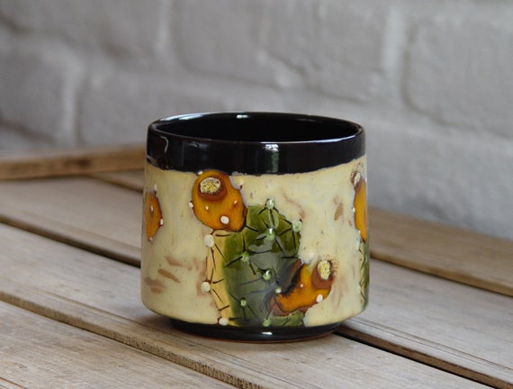 Cactus Tumbler - 13 oz Ceramic Mug | Handmade Colorful Gift | Black Beige Orange Green Brown Painted Glass | Kitchen and Dining Decor