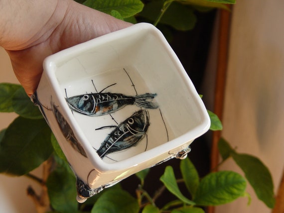 Handpainted Fish Porcelain Tray - Square Ceramic Bowl for Fruit & Tapas - Home Decor and Kitchen Storage - Unique Pottery Dish Gift