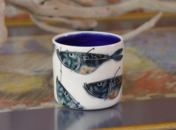 Handpainted Fish Stoneware Tumbler - Mackerel Water Glass - Unique Pottery Mug - Danko Home & Living