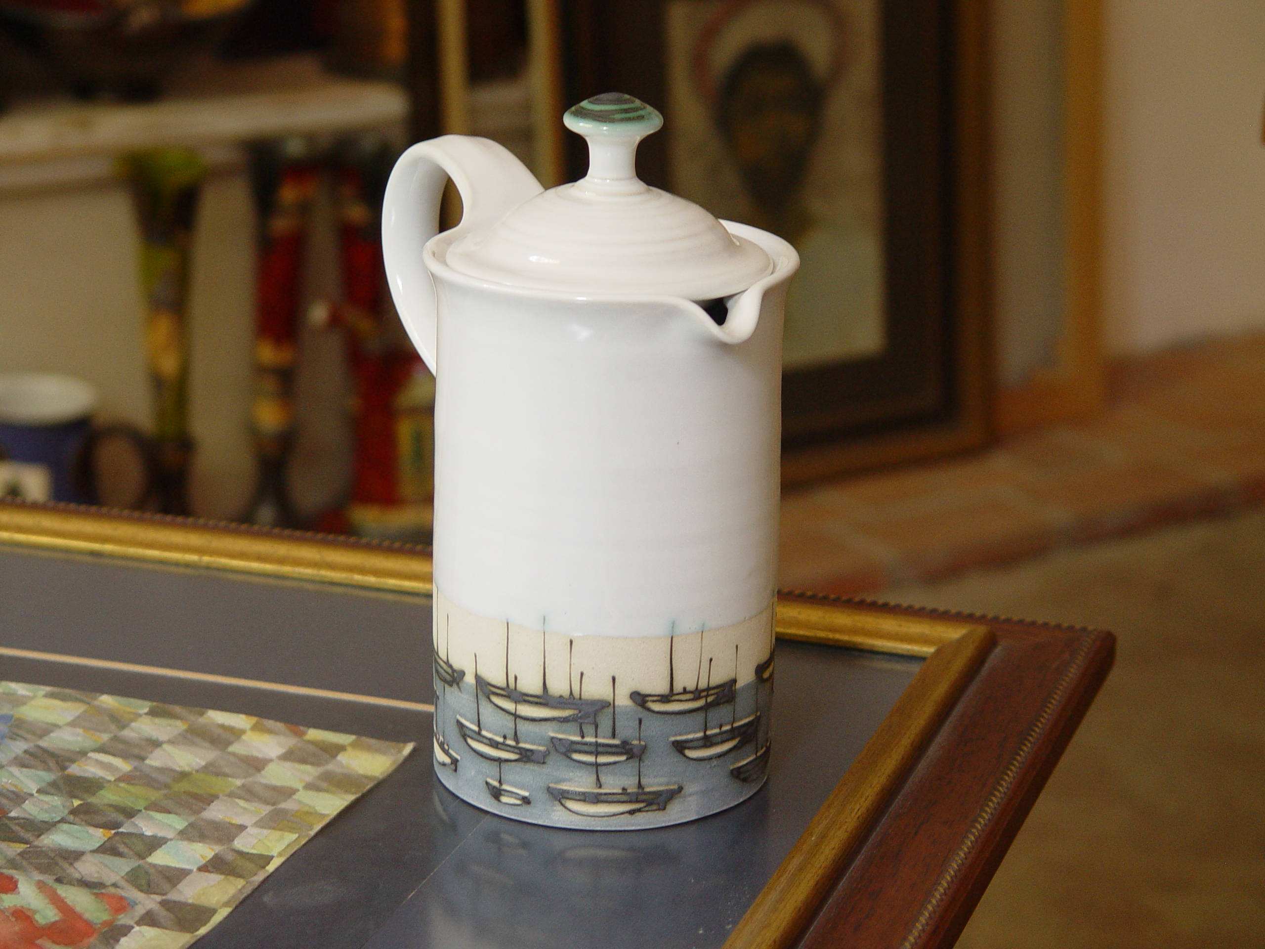 Stoneware Water Pitcher Ocean Themed Pottery Jug Lidded Ceramic