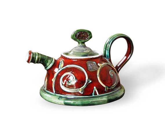 Hand-Painted Ceramic Teapot – Red and Green Christmas Decor – Rustic Kitchen Gift – Pottery Art – Two Sizes Available