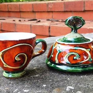 Handmade Danko Pottery Sugar Bowl Orange, Green, White Ceramic Home & Living Kitchen Decor Perfect Gift image 10