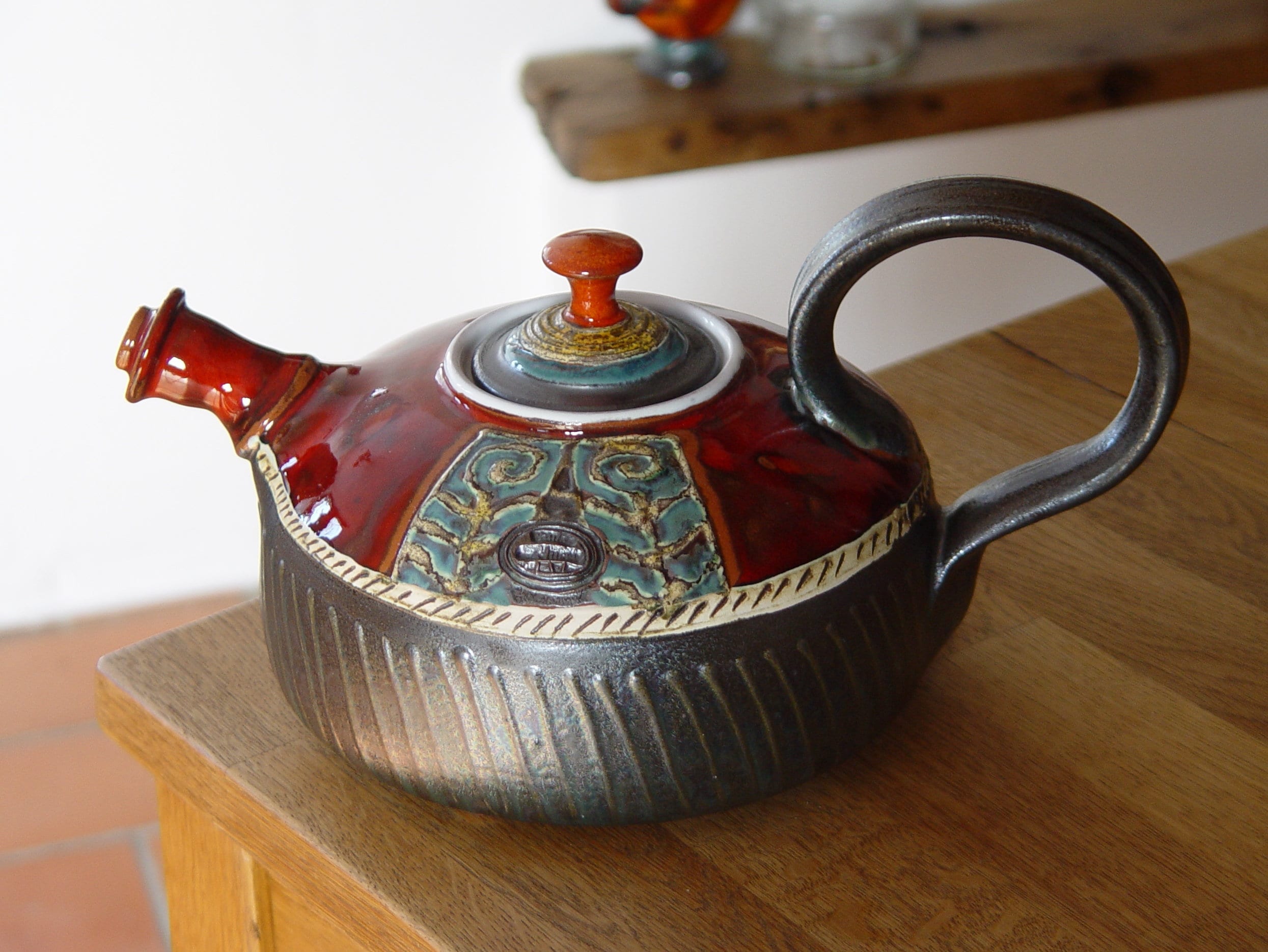 Red Pottery Teapot with Handpainted Roses Fine Art Tea Set for Christmas Bright Red Handmade