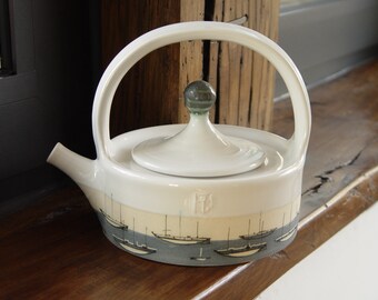 Handmade Stoneware Teapot - Ceramic Tea Pot - Ocean Theme Tea Maker - Yacht Tea Kettle -  Durable Pottery - Danko Pottery - Clay Art