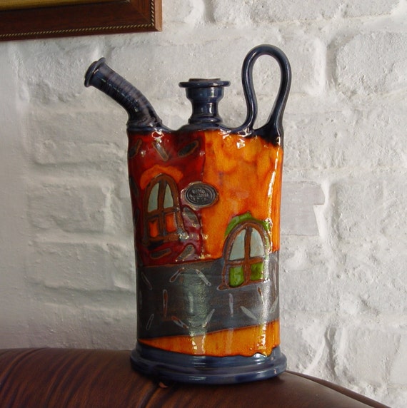 Vibrant Handmade Ceramic Pitcher - Blue, Orange, Red - Unique Home Decor - Wheel-Thrown & Handpainted Clay Jug