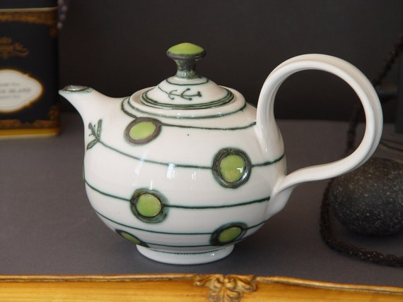 Handpainted Floral Stoneware Teapot - Artistic Tea Kettle - Unique Wheelthrown Ceramic - White and Green Pottery Gift