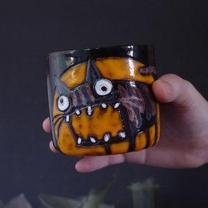 Funny Cat Tumbler Orange and Black Handmade Ceramic Goblet Spooky 12 oz Mug Cold Drinks Mug image 9