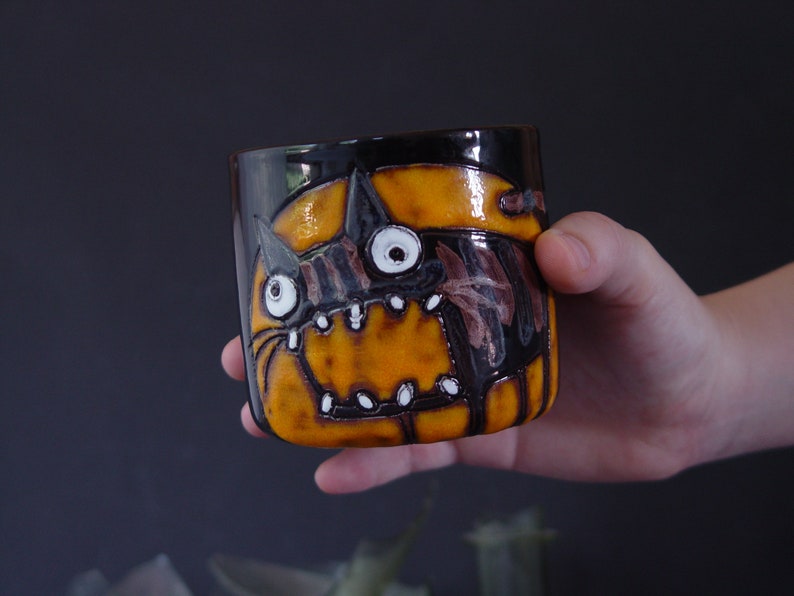 Funny Cat Tumbler Orange and Black Handmade Ceramic Goblet Spooky 12 oz Mug Cold Drinks Mug image 9