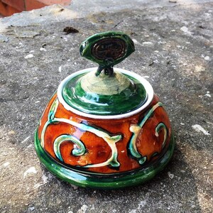 Handmade Danko Pottery Sugar Bowl Orange, Green, White Ceramic Home & Living Kitchen Decor Perfect Gift image 8