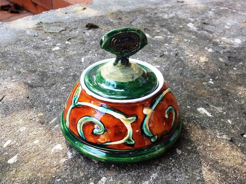 Handmade Danko Pottery Sugar Bowl Orange, Green, White Ceramic Home & Living Kitchen Decor Perfect Gift image 8