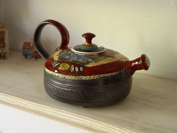 Christmas Gift - Handmade Red and Blue Pottery Teapot - Fine Art Tea Pot - Tea Ware - Table Decor - Tea Lovers' Gift -  Ceramic Teapot