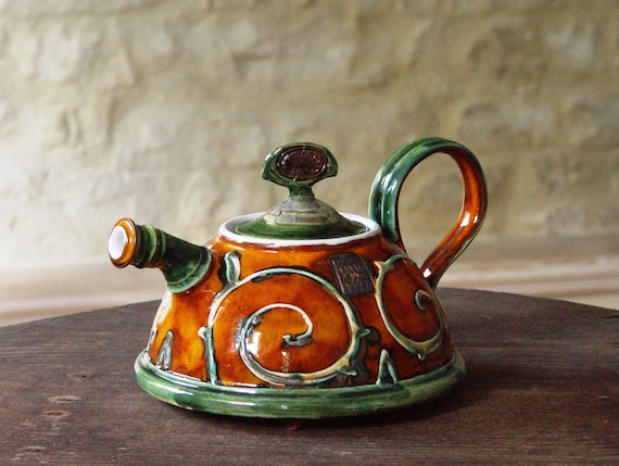 Handmade Ceramic Teapot - Orange Green Wheel Thrown Tea Kettle - Unique Wedding Gift - Danko Pottery - Glossy Finish - Two Sizes Available