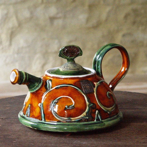 Théière en céramique faite à la main - Bouilloire à thé jetée à roue verte orange - Cadeau de mariage unique - Poterie Danko - Finition brillante - Deux tailles disponibles