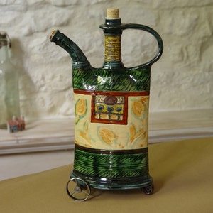 Handmade Green Ceramic Pitcher with Iron Wheels - Decorative Pottery Teapot - Unique Home Decor - DankoHandmade, Bulgaria