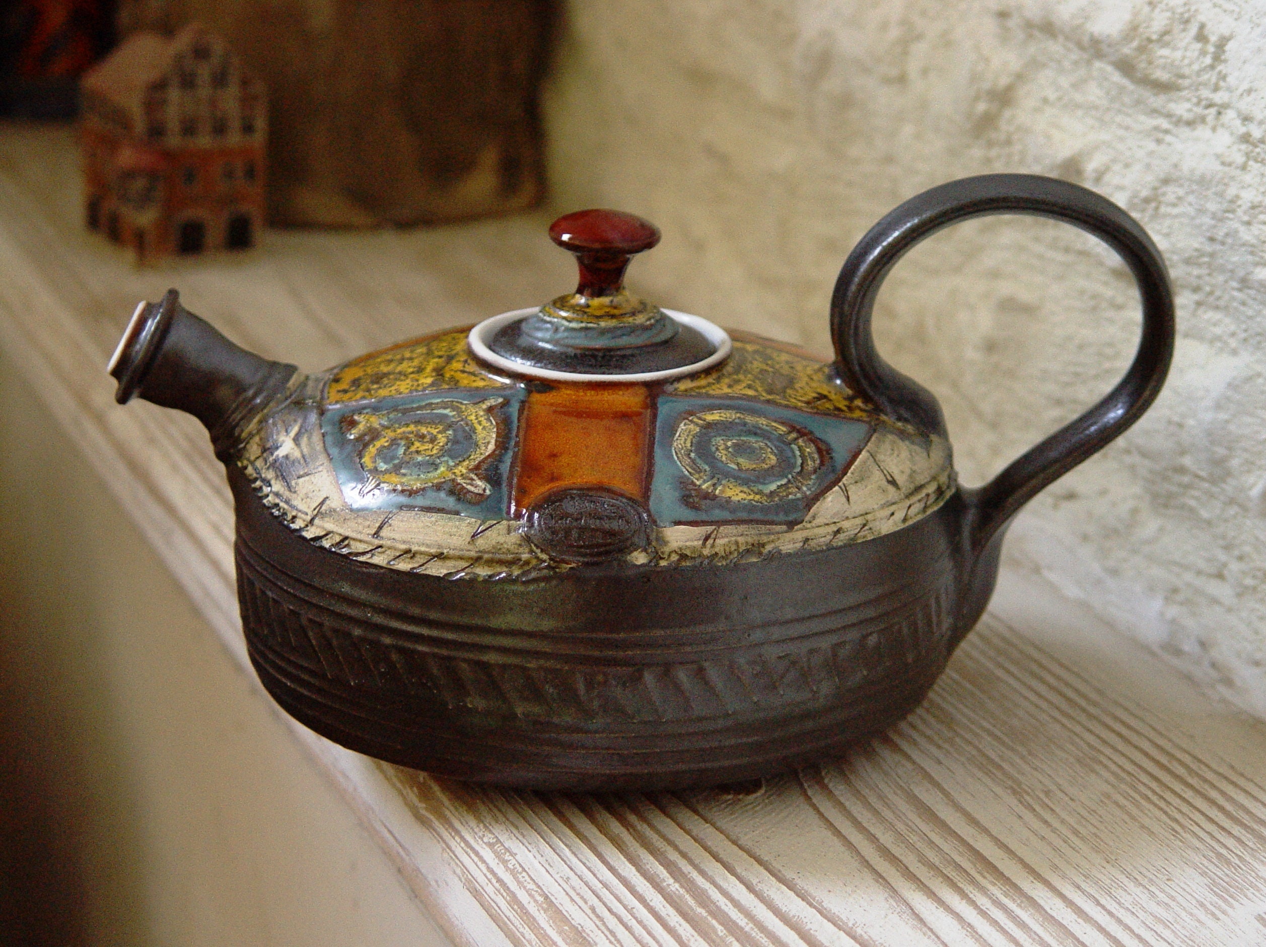 Handmade Colorful Pottery Teapot Matte Finish Fine Art Table Decor