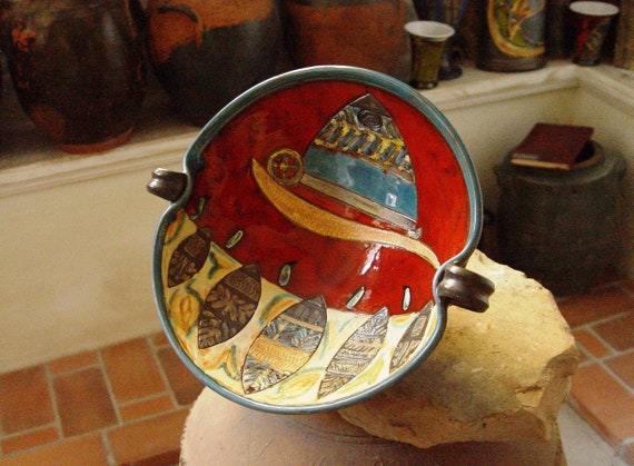 Whimsical Red Ceramic Bowl Artfully Crafted - Wheel-Thrown Hand-Painted - Playful Cart Design - Unique Home Decor and Versatile Fruit Bowl