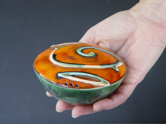 Handmade Pottery Salt or Pepper Shaker - Colorful Orange and Green Ceramic Kitchen Decor - Danko Pottery - Unique Christmas Gift