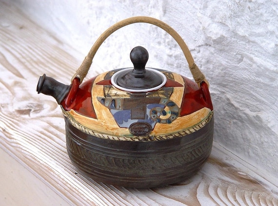 Hand Painted Colorful Pottery Teapot with Wicker Handle - Functional and Decorative Tea Pot - 1600ml/54oz Capacity - Kitchen & Home Decor