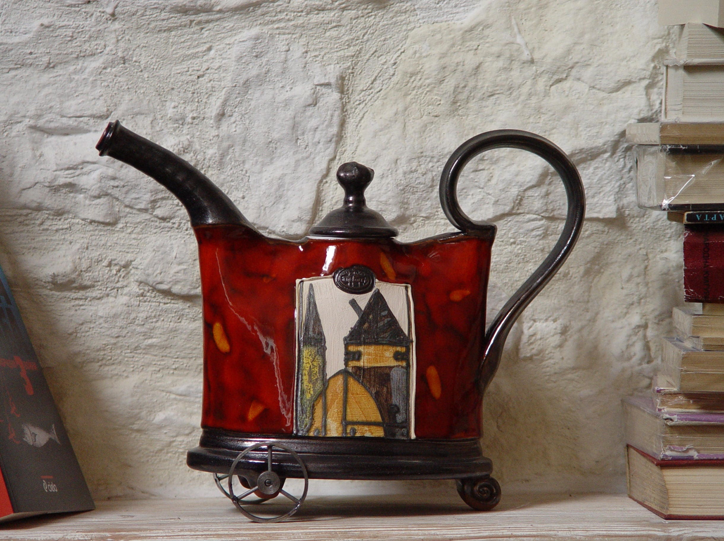 Récipient en Céramique de Théière Décoratif avec Éléments Fer, Pichet Poterie, Cadeau Mariage, Décor