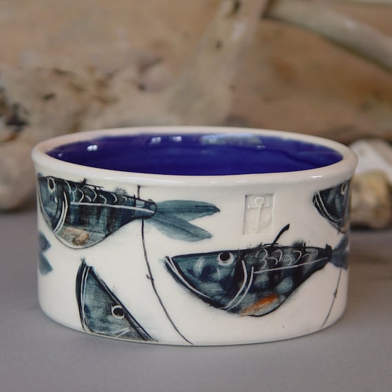 Handmade Stoneware Bowl - Unique Fish Dish, Danko White, Blue, Green - Ceramic Serving Bowl - Pottery Kitchen Canister - Dinnerware