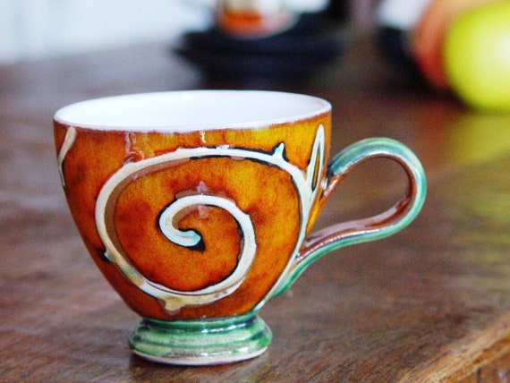 Handmade Orange Pottery Cup - Wheel Thrown Ceramic Mug for Coffee or Tea - Danko Pottery - Unique Espresso Cup - Kitchen Decor