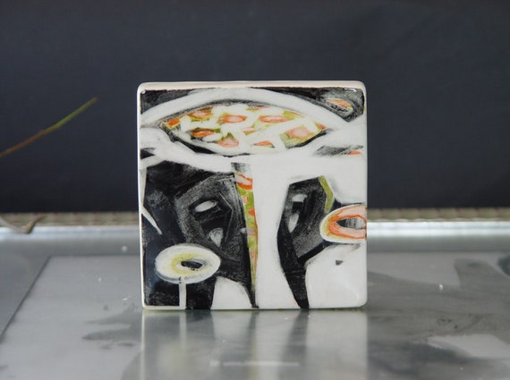 Handmade Porcelain Azulejo Tile - Abstract Fine Art Ceramics - Black, Orange, Green, White - Wall Decor, Home & Living - Unique Gift