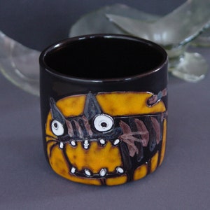 Funny Cat Tumbler Orange and Black Handmade Ceramic Goblet Spooky 12 oz Mug Cold Drinks Mug image 5