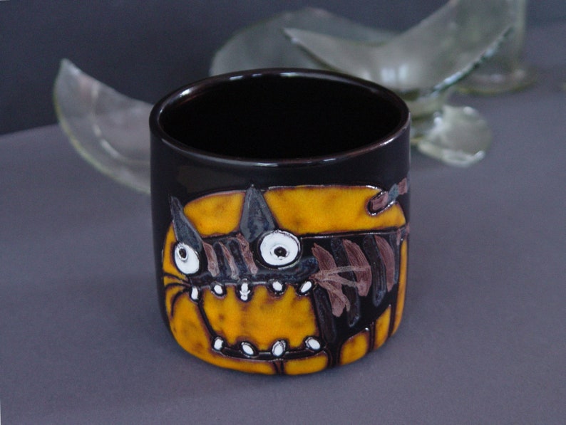 Funny Cat Tumbler Orange and Black Handmade Ceramic Goblet Spooky 12 oz Mug Cold Drinks Mug image 5