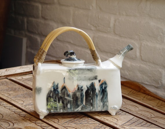 Handmade Decorative Stoneware Teapot with Wicker Handle - Artistic Pottery - Unique Home Decor - Hand-painted Ceramic - Gift Idea