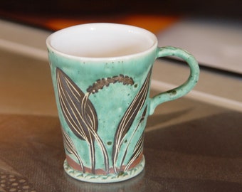 Small Handbuilt Ceramic Coffee Mug with Herbaceous Plants, Plantago Mug, Wild Flowers Tea Cup, Unique Collectible Pottery, Slab Technique