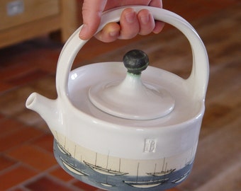 Handmade Stoneware Teapot - Ocean Theme Ceramic Tea Pot - Durable Yacht Kettle - Danko Pottery - Blue and White - 650ml/22oz