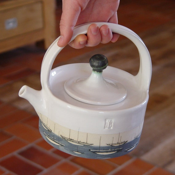 Handmade Stoneware Teapot - Ocean Theme Ceramic Tea Pot - Durable Yacht Kettle - Danko Pottery - Blue and White - 650ml/22oz