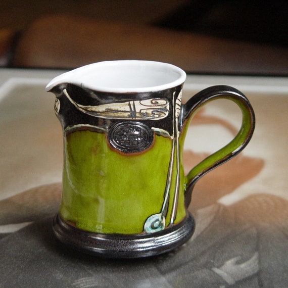 Green Pottery Milk Jug - Wheel Thrown Hand-Glazed Creamer - Artistic Ceramic Table Decor - Christmas Gift - 10oz Capacity