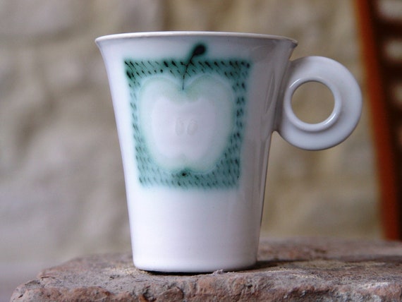 Danko Pottery - Hand-Painted Apple Mug - Elegant Stoneware Tea or Coffee Cup - Unique Ceramic Art - Kitchen Decor Gift - White and Gree