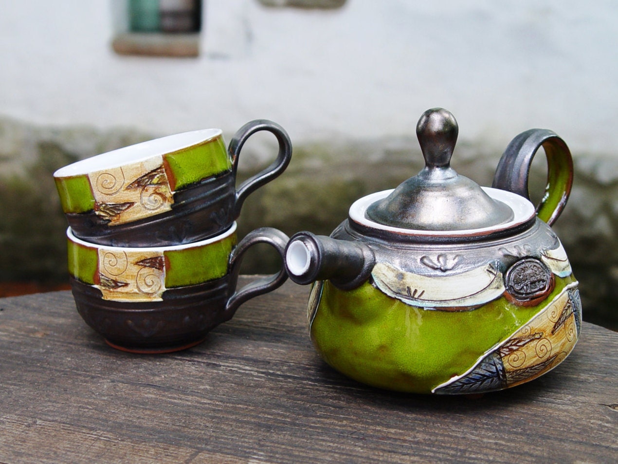 Pottery Wedding gift Teapot with Two Cups, Ceramic teapot. Tea pot