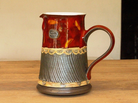Christmas Gift - Handthrown Ceramic Water Pitcher - Unique Pottery Jug with Red, Ochre, and Grey Tones - Artistic Home Decor