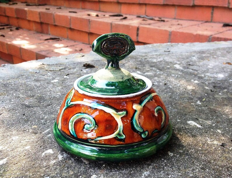 Handmade Danko Pottery Sugar Bowl Orange, Green, White Ceramic Home & Living Kitchen Decor Perfect Gift image 7