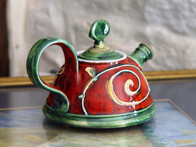 Handmade Ceramic Teapot for One Danko's Artistic Pottery Christmas Gift Small Clay Tea Pot Red, Green, White Colors 400ml Capacity image 5