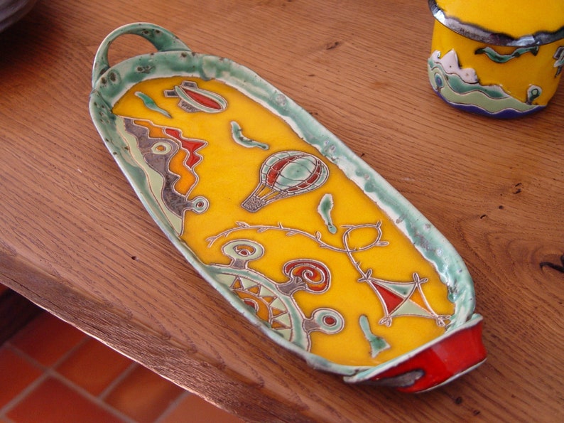 Handmade Ceramic Platter in Bright Colors Handbuilt Pottery Tray Colorful Home Decor Stoneware Ceramic Art Unique Atistic Pottery image 4