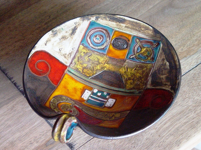 Handmade Ceramic Fruit Bowl with Leg Wedding Gift Table Centerpiece Wheel Thrown Pottery Orange Green Red Ochre Beige Home Decor image 2