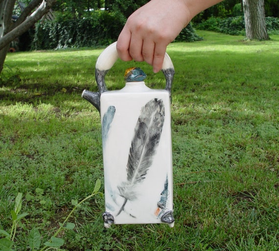 Hand-painted Feather Stoneware Pitcher with Cork Stopper | Unique Kitchen Decor