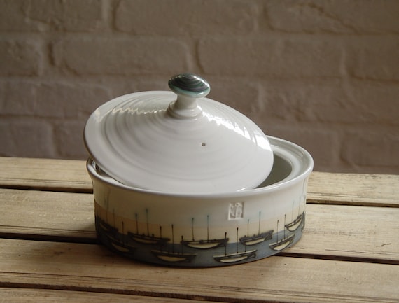 Wheel Thrown Hand Painted Stoneware Casserole with Lid - Unique Dish for Serving or Preparing Food - Kitchen Decor Gift - Functional Pottery
