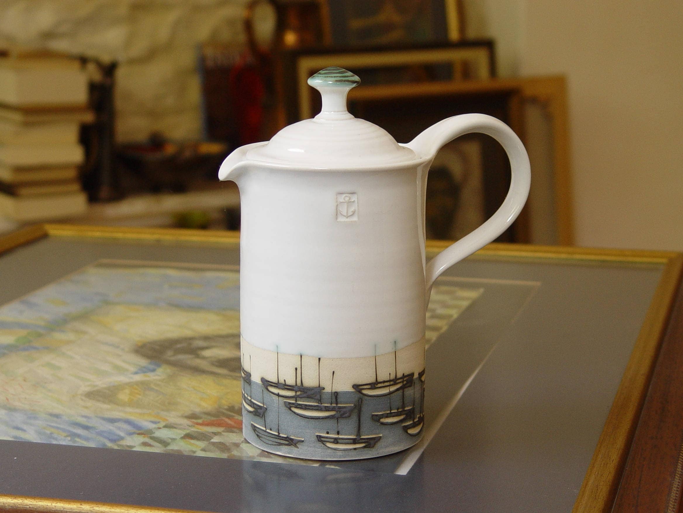 Stoneware Water Pitcher Ocean Themed Pottery Jug Lidded Ceramic