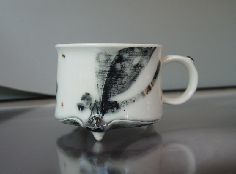 Handmade Stoneware Dragonfly Coffee Mug Unique Teacup 300ml Wheel Thrown Pottery Danko Artistic Mug White Black Orange Gift Mug image 6