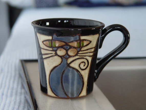 Black Pottery Coffee Mug, Cat Mug, Tea Cup with Unique Hand Painted Decoration, Wheel Thrown Cute Mug, Cat Lover Mug, Artistic Teacup
