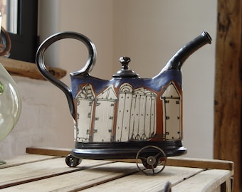 Decorative Blue and White Ceramic Teapot with Iron Accents - Hand Painted Decor - Pottery Pitcher - Unique Home Decor - Wedding Gift