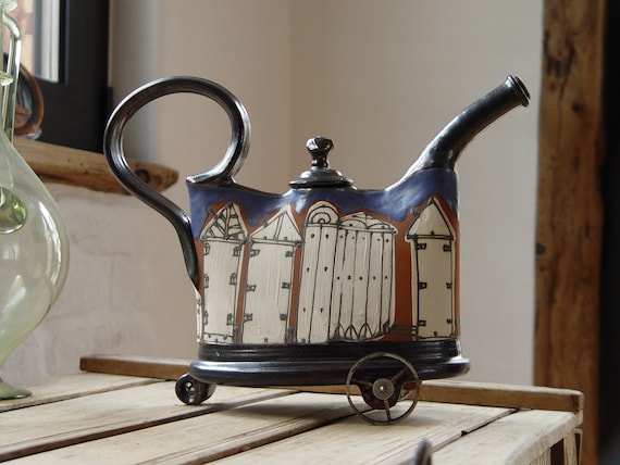 Decorative Blue and White Ceramic Teapot with Iron Accents - Hand Painted Decor - Pottery Pitcher - Unique Home Decor - Wedding Gift