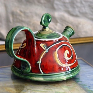 Handmade Ceramic Teapot for One Danko's Artistic Pottery Christmas Gift Small Clay Tea Pot Red, Green, White Colors 400ml Capacity image 9